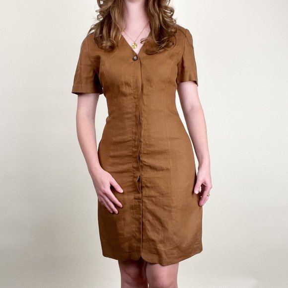 Vintage Linen Mini Midi Dress Short Sleeve Preppy Rustic Casual Button Up Down - Picture 5 of 5